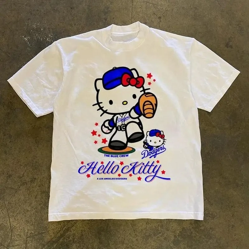 

Hello Kitty Series Sanrio Funny Print Cotton T-Shirt Summer Cartoon Graphic Women's T-shirts Crew Neck Fashion Loose Casual Top