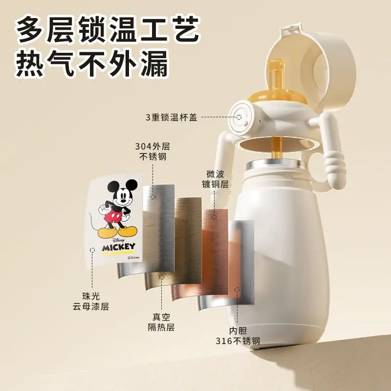 Disney Mickey การ์ตูนน่ารักสแตนเลส THERMOS ถ้วยสร้างสรรค์อะนิเมะอุปกรณ์ต่อพ่วง Kawaii ที่ถอดออกได้เด็กฟางถ้วยน้ํา
