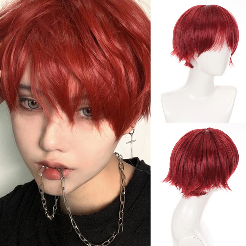 Pageup Red Men\'s Synthetic Wig Short Straight/Curly Wigs With Bangs For Male Boy Cosplay Anime Daily Party Wig Heat Resistant