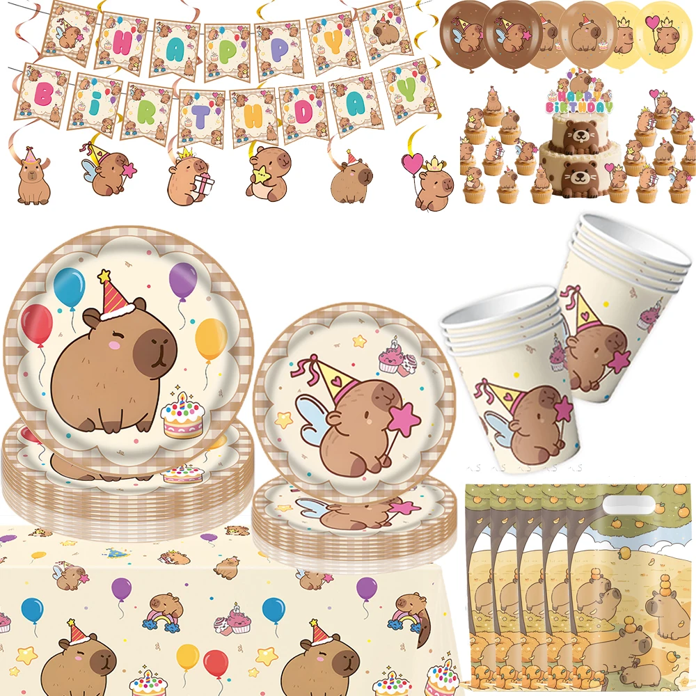 Cartoon Capybara Birthday Party Decoration Disposable Tableware Cup Plate Napkins Tablecloth Banner Baby Shower Party Supplies