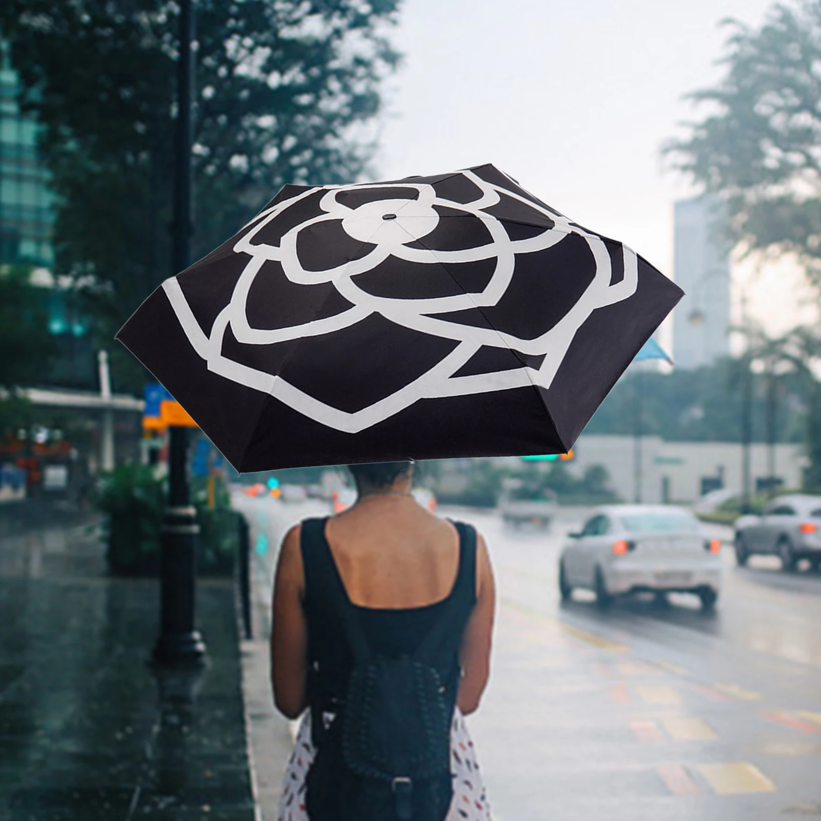 Folding Umbrella Folded 16cm for Women Waterproof Sunny Umbrella Outdoor Camellia Windproof Strong Frame Beach Rain Umbrella