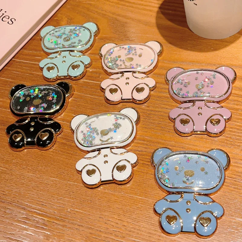 

Держатель с мультипликационным медведем с зеркалом, поворот на 360 градусов, блестящий кронштейн с блестками и зыбучим песком, универсальные аксессуары, подставка