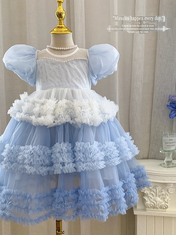 Vestido Estilo Princesa para Meninas, Moda de Verão, Saia de Tule com Mangas em Bolha, Roupas Infantis com Decote Redondo e M...