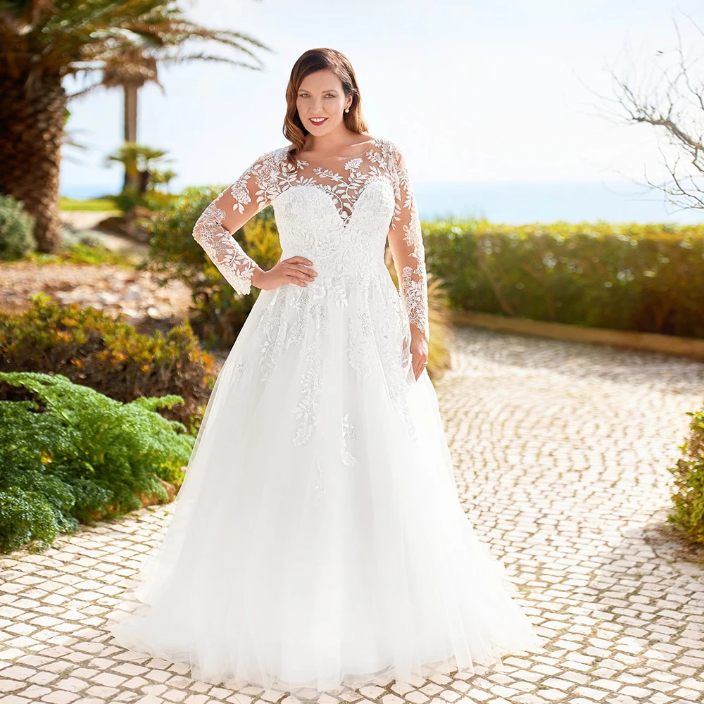 Pastrol Wedding Dresses Plus Size O Neck Long Sleeves Bride Gowns Lace Applique Backless A-Line Sweep Train فستان حفلا