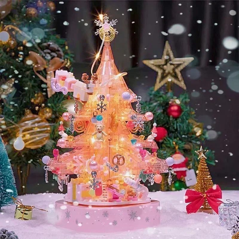 Pink Christmas Tree Building Blocks Rotating Lights Music Box Santa Claus LED Luminous Model Bricks Girls Assembling Toys Gift