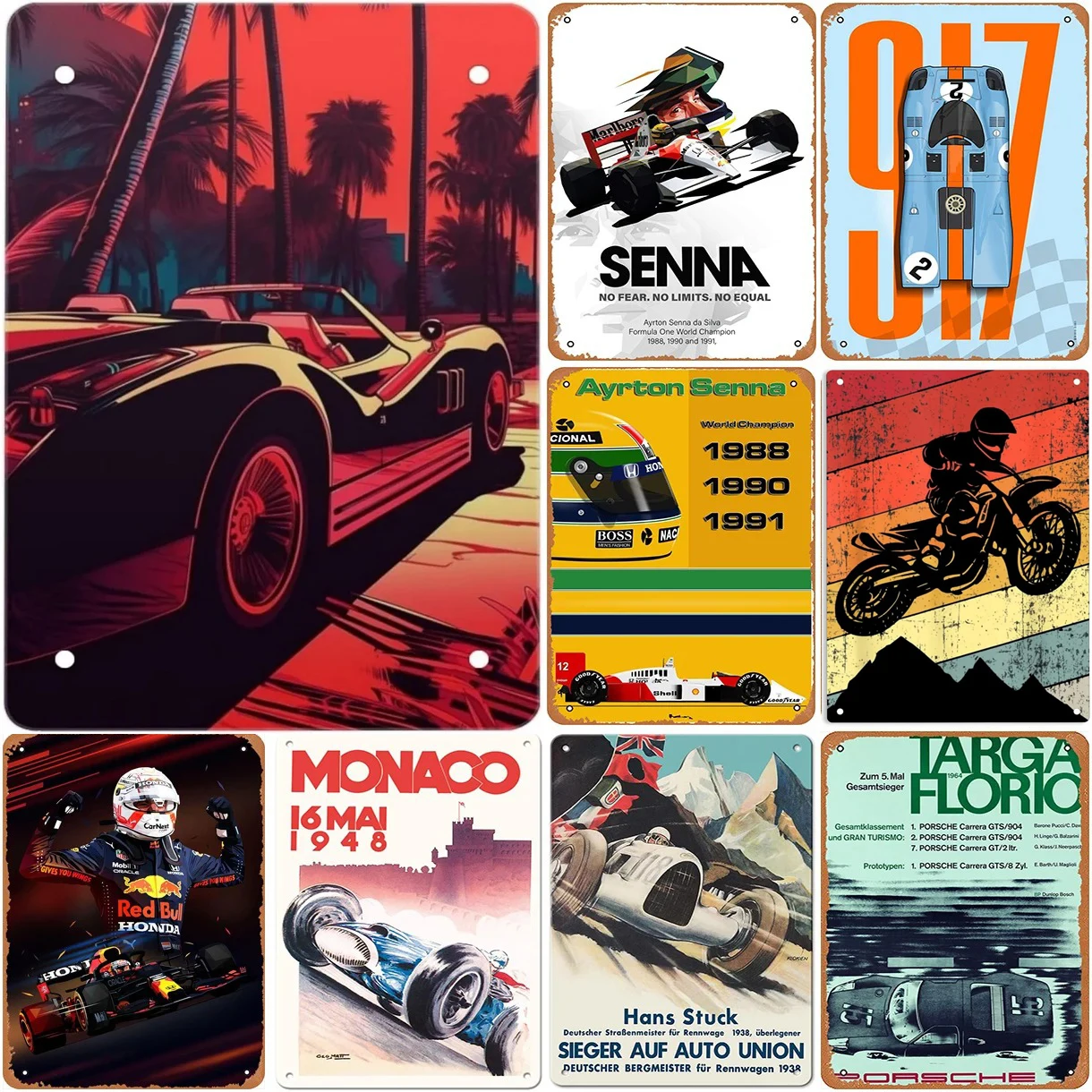 1Pc Cars Racing Metal Aluminum Signs Vintage Senna Mille Miglia Le Mans Auto Wall Art Posters for Man Cave Bars Clubs Decoration