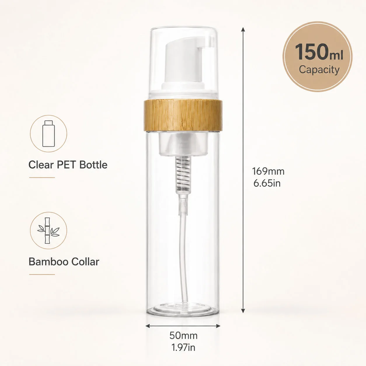 150ml Refillable Bamboo Foam Pump Bottle - Travel Size Empty Dispenser For Face Cleaner Shampoo Hand Sanitizer Cosmetic Soap