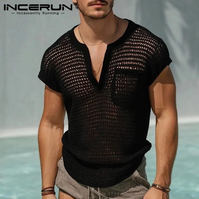 

INCERUN Men Tank Tops Mesh Sleeveless V Neck See Through Male Vests Hollow Out Sexy Loose Summer 2025 Streetwear Men Clothing