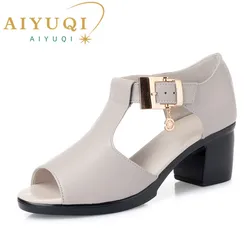 AIYUQI Women Sandals Genuine Leather 2024 Summer Fashion Style Woman Sandals Solid Casual Concise Lady Med Heel Shoes Sandals