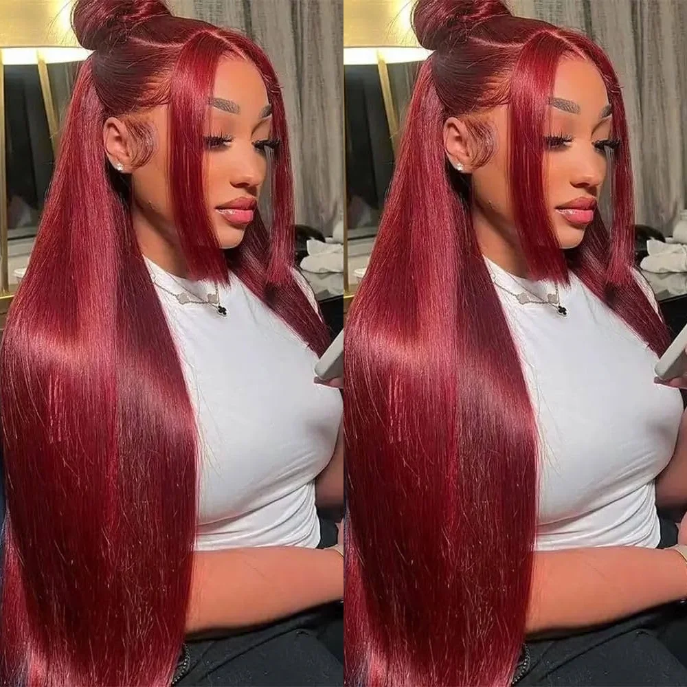

30 Inch 99j Burgundy Pre Plucked Straight 13x4 HD Lace Front Wigs Human Hair 200% Density Red Colored Frontal Wigs for Women