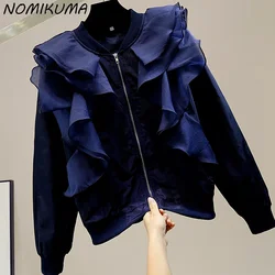 Nomikuma Fashion Ruffle Pactwhork Women Jacket 2023 New Zipper Long Sleeve Outwear Tops Causal Korean Coat Female 6N294