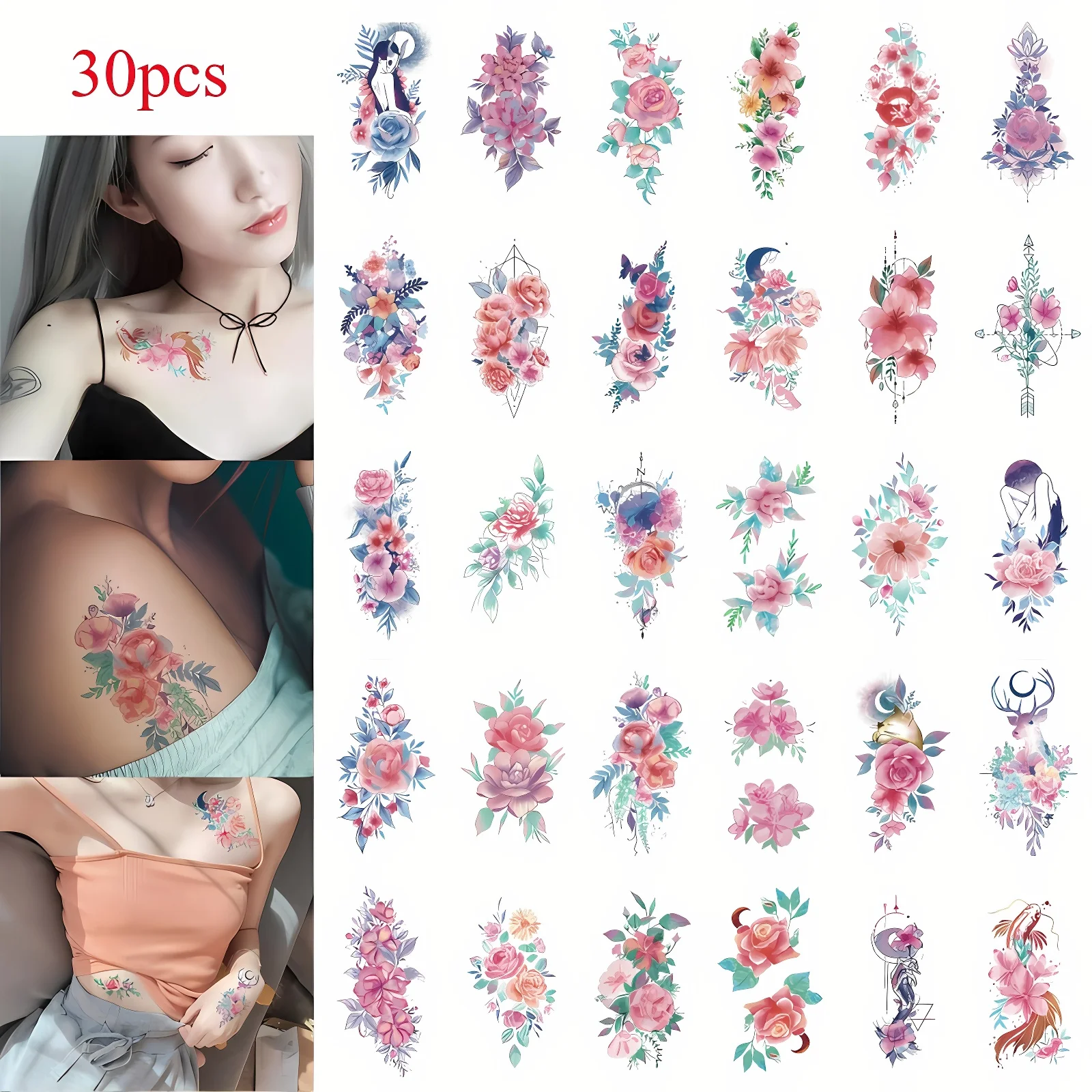 30pcs/set Temporary Women Girls Tattoos Watercolor Pink Flower Blossoms Small Tattoo Waterproof Sticker for Hand Neck Wrist Arm