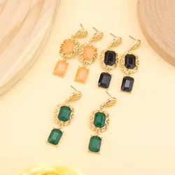 Sunspicems Square Crystal Moroccan Earring For Women Gold Color Hollow Arabesque Ear Drop Middle Eastern Brides Wedding Jewelry