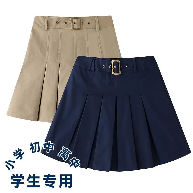 Girls' Khaki Pleated Skirt Teen Children's Class Uniform Iron Button Style Girl Student Short Dress Kids Navy Blue Half Skirts