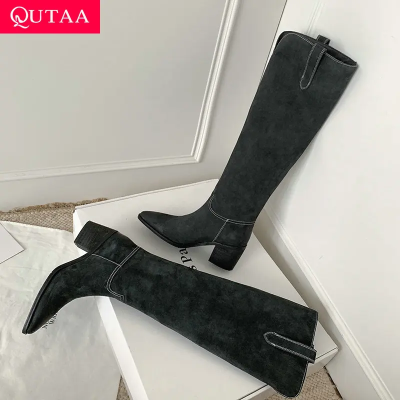 

QUTAA 2026 Модные новости Женские сапоги до колена из коровьей кожи Высокий каблук Квадратный носок Длинные сапоги Зимние женские модельные туфли Черный 34-40