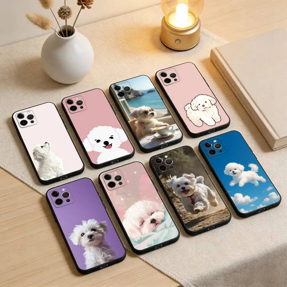 

Animal Cute Maltese Dog Phone Case For iPhone 17,16,15,14,13,12,11 Plus,Pro Max,XS,Soft Silicone Black Cover