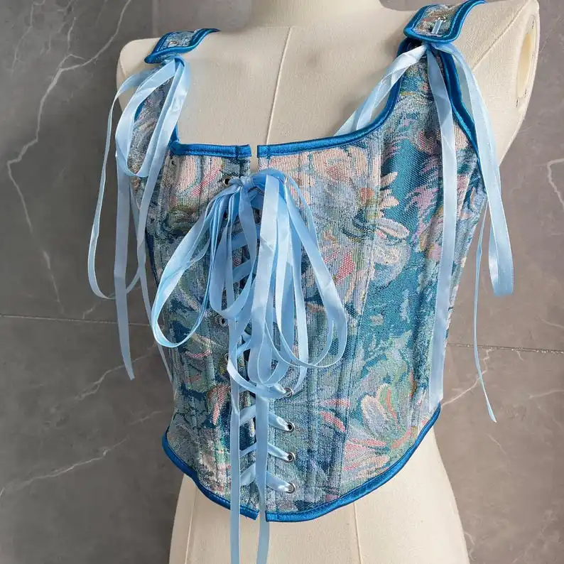 Retro oil painting blue flowers fashionable all-match waist corset French court jacquard elegant exquisite corset