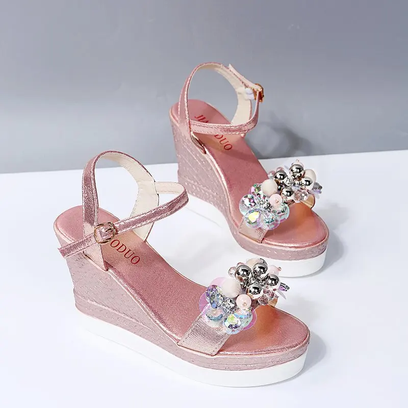 New Female Ankle Strap Buckle Rhinestone Crystal Sandals 2021 Summer Women Round Toe High Heels Fashion Ladies Wedges Shoes Gold