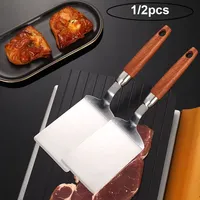 Stainless Steel Square Head Steak Cooking Spatula 1/2pcs Wooden Handle Pizza Shovel Pancake Beef Turner Scraper Kitchen Utensils
