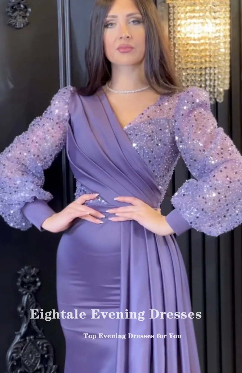 Eightale Dubai Luxury Evening Dress V-Neck Purple Customized Sequin Pearls Long Sleeves Mermaid Prom Party Gown for Wedding