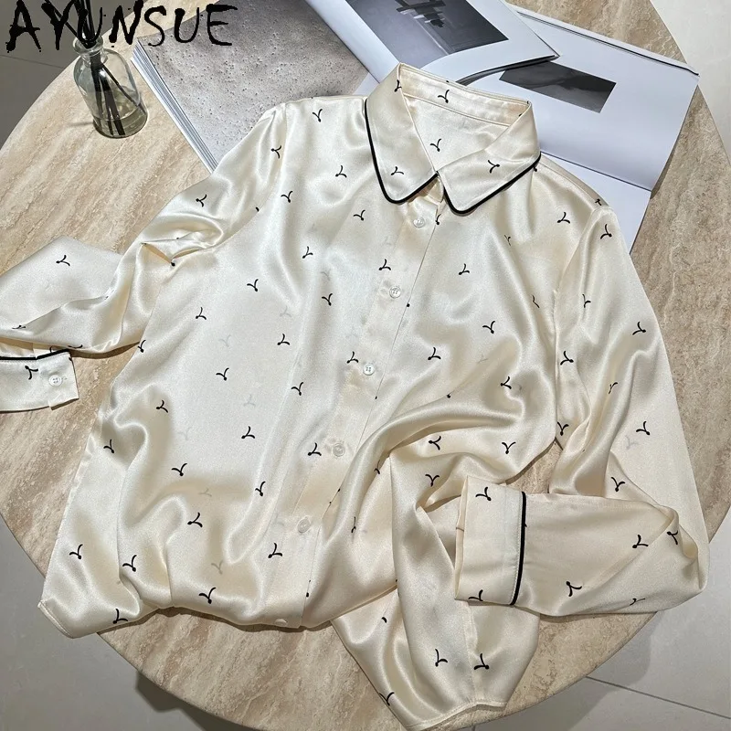 

AYUNSUE Natural Mulberry Silk Blouse 2025 Long Sleeve Tops for Women High Quality Blouses for Woman Elegant Blusas De Mujer