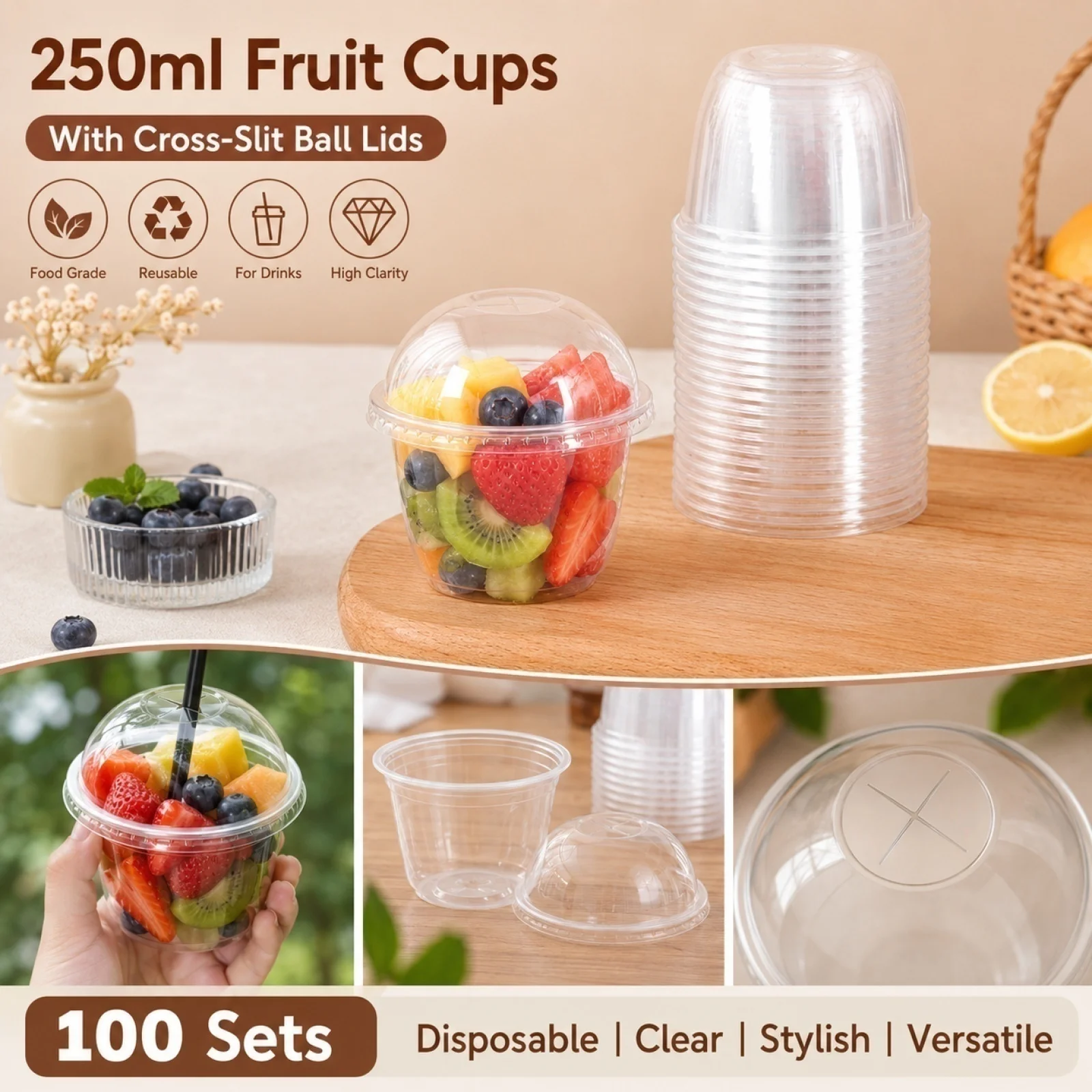 Disposable Plastic Cups 250ml Clear Fruit Salad Containers with Cross-Slit Dome Lids Round Dessert Bowls