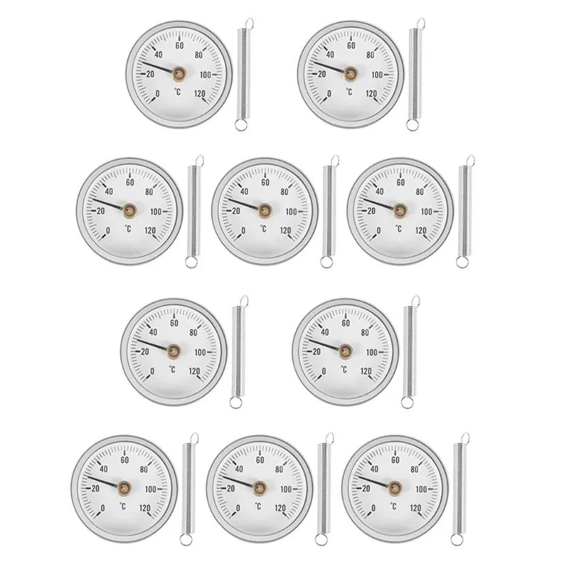 

10 PCS 63mm Pipe Clip-on Dial Thermometer Temperature Round Plate Gauge with Spring,Range 0-120℃, Aluminum Case