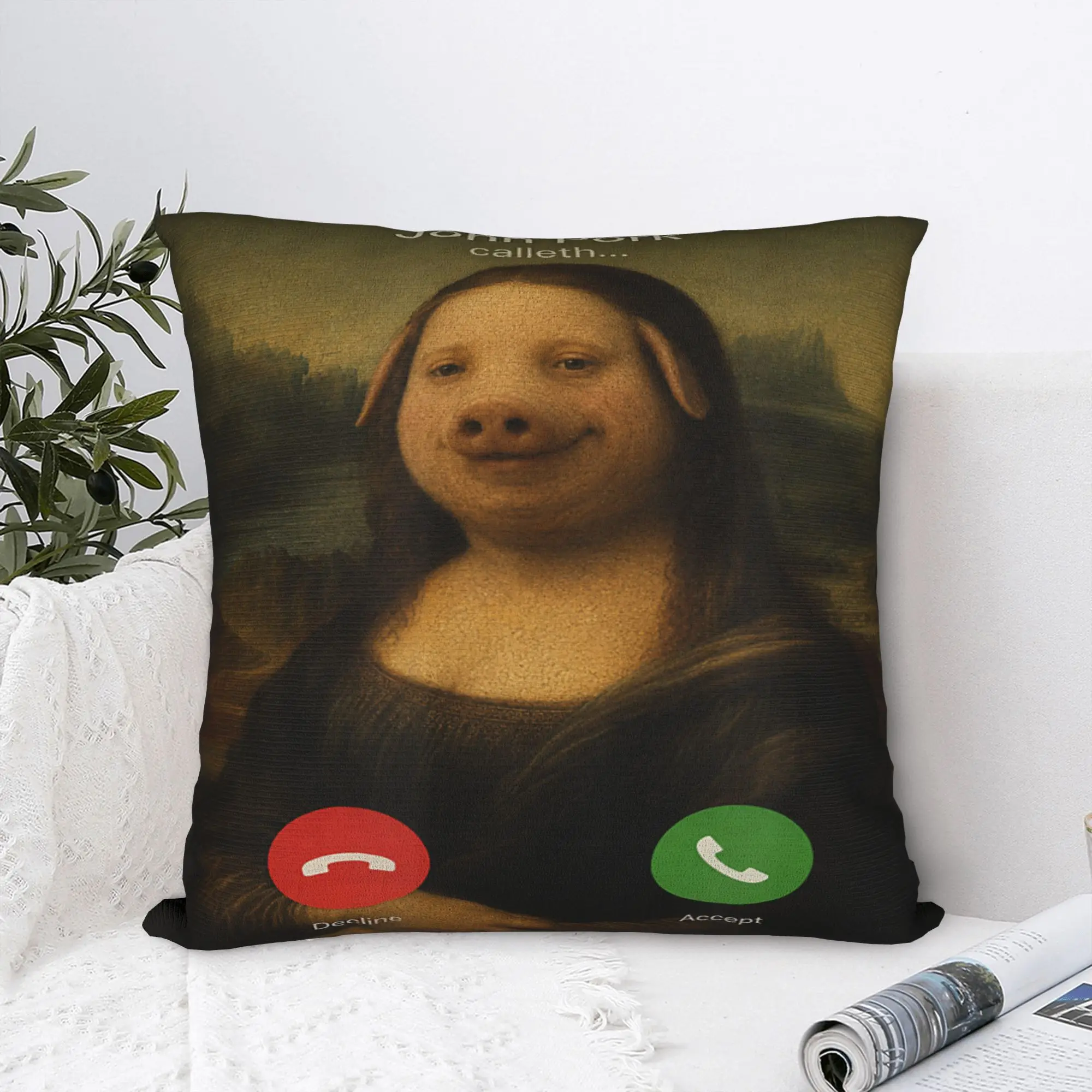 John Pork Mona Lisa Da Vinci Funny Meme Parody Dank Brainrot Pillowcases Pillow Case For Sofa Couch Bed Living Room Pillow Cover