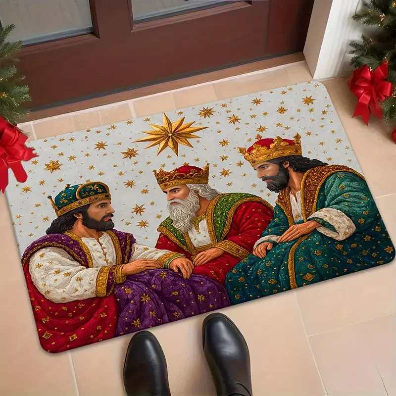 VIKAMA Three Wise Men Doormat Christmas Kings Religious Holiday Welcome Mat Gold Stars Winter Entryway Rug Front Porch