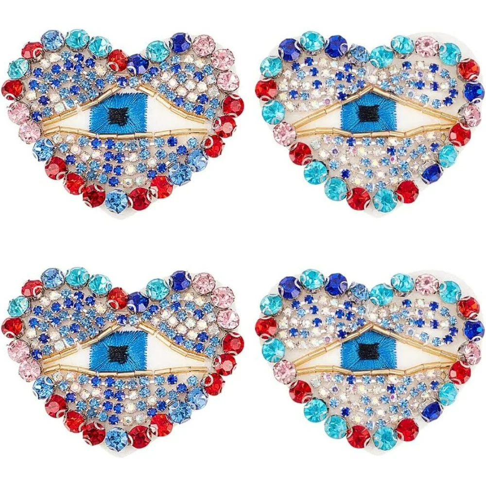 4 Pcs Eye Beaded Patches for Clothes Heart with Evil Eye Sequined Patch Sew on Rhinestone Beaded Applique Motif Applique Badge