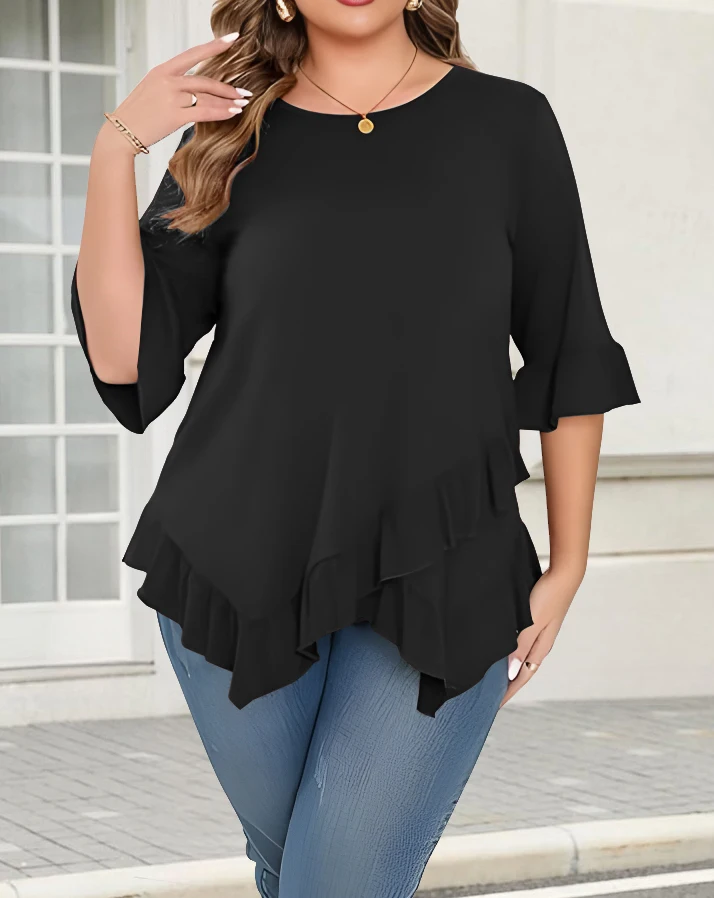 

2025 Самый продаваемый однотонный топ больших размеров с цветочной отделкой, модный однотонный топ больших размеров с цветочной окантовкой