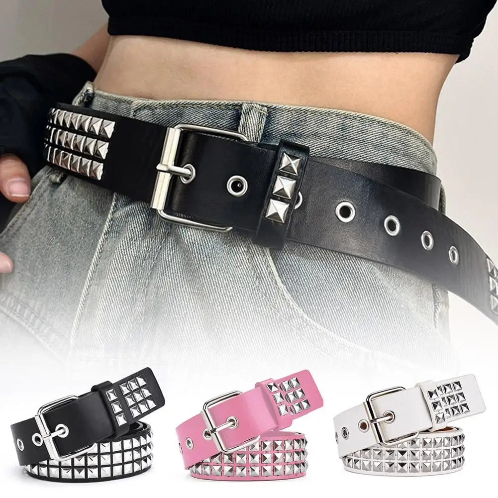 1Pc Studded Belt Punk Rock Rivet Belt Grommet Threads belt with Bright Metal Pyramid for Women Men Black Pink White