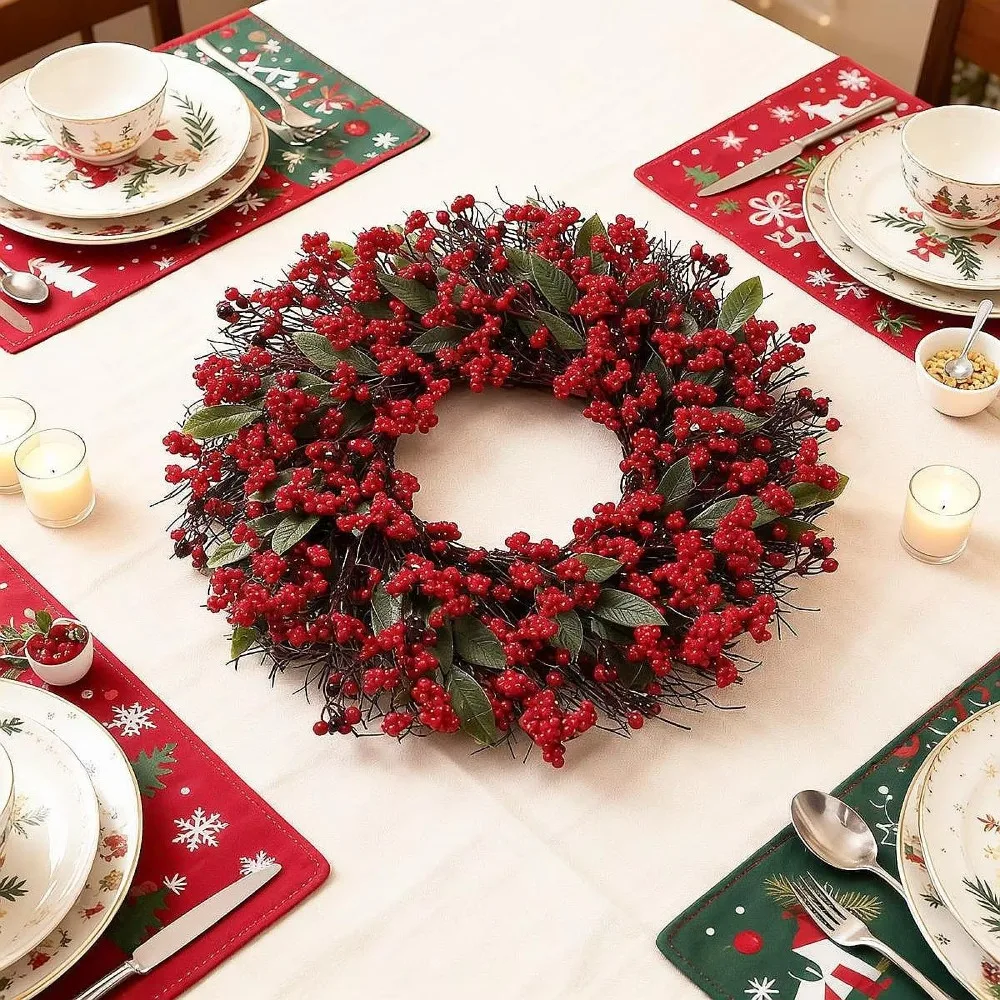 American-style Artificial Berry Holly Christmas Wreath Simulated DIY Hanging Wreath Decoration 45 CM Green Leaf Red Fruit Wreath