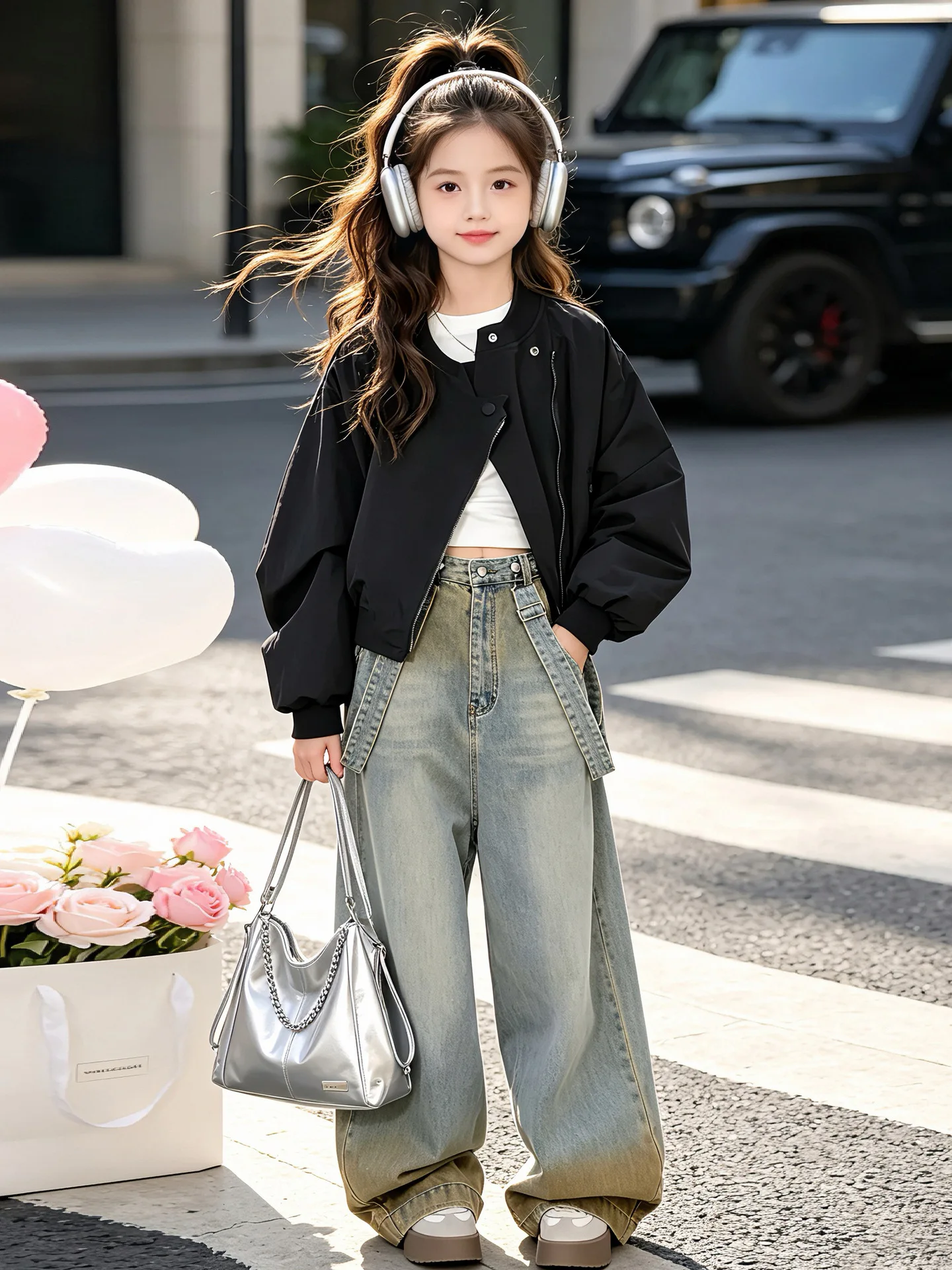 2026 Autumn New Mid University Children's Slant Zipper Jacket Cardigan Girls' Motorcycle Style Short Coat