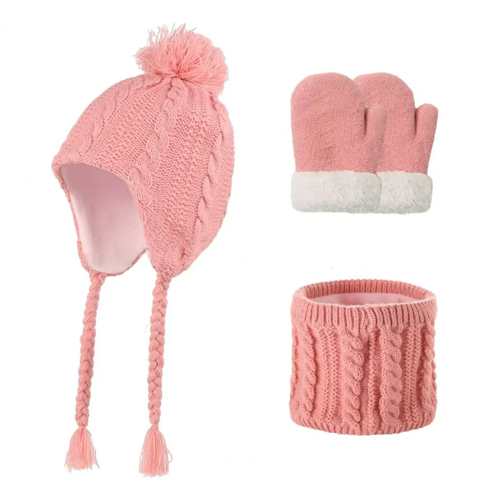 Conjunto de gorro cálido a prueba de viento para niños, conjunto de guantes de bufanda con decoración de bola de felpa, cubierta de cuello acogedora para exteriores para niños y niñas