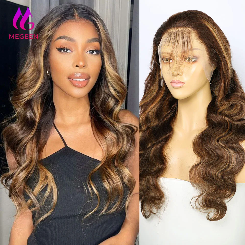 Megeen-Mel Loira Ombre Peruca Colorida, Peruca Dianteira Cheia Do Laço, HD Transparente Lace Frontal Peruca, Onda Do Corpo, 180%, 36 Polegada, P4 27
