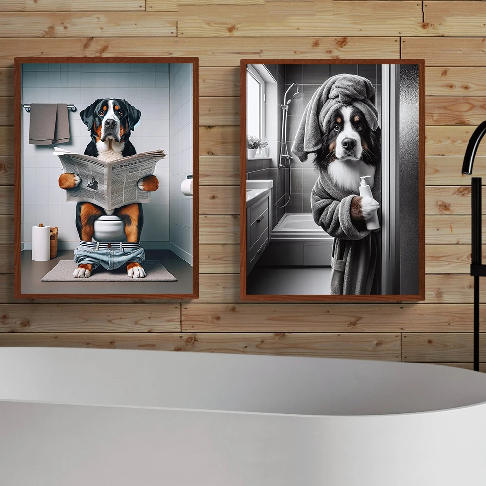 Greater Swiss Mountain On The Toilet Posters Bernese Mountain Dog Have A Bath Prints Art Pictures Funny Bathroom Wall Painting