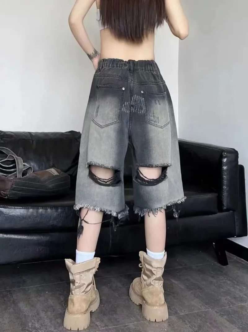 Washed Broken Hole Vintage Baggy Jeans Shorts Women High Waist Straight Loose Wide Leg Half Pants Y2k Punk Cowboy Pantalones