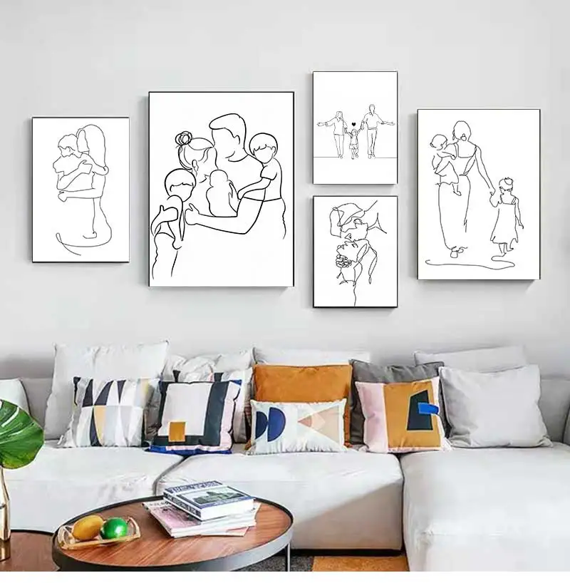 Art Canvas Print Painting Moder Decorative Pictures Mother and Daughters Son Art Line Drawing Posters Abstract Minimalist Wal