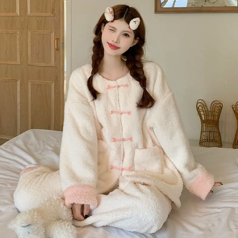 여성용 코랄 플리스 파자마 세트 단색 겨울 따뜻한 잠옷 편안한 플란넬 라운지웨어 홈웨어 봄 나이트웨어
