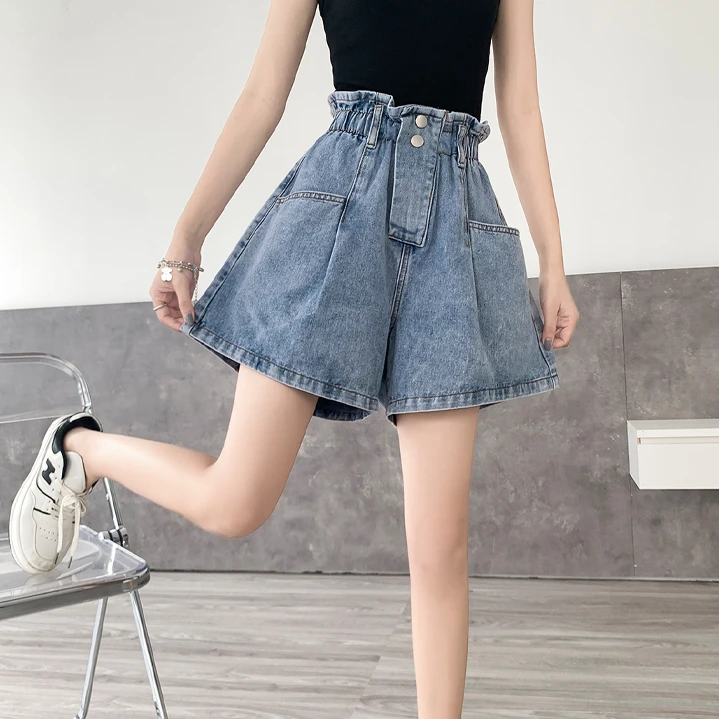 

2024 Women's Summer Fashion Loose Wide Leg Shorts Female Elastic Waist Denim Shorts Ladies New Thin A-line Jeans Shorts H166