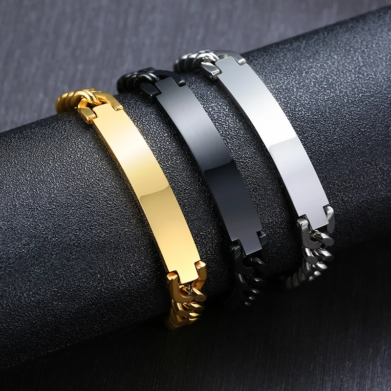 

Мужской браслет из нержавеющей стали с бордюрной цепочкой, серебряный цвет, индивидуальный браслет, персонализированный стержень с именами, инициалы, дата, мужские украшения
