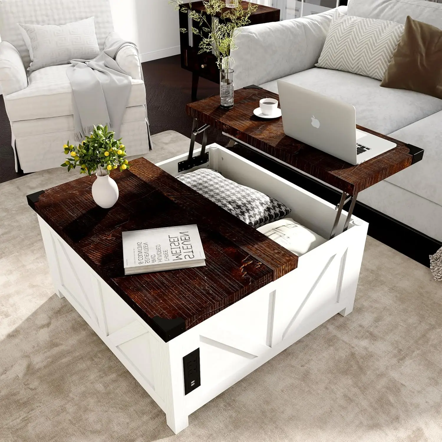 Wood Square Center Table with Charging Station&USB Ports, Living Room Central Table w/Large Hidden Space, for Living Room, Bedro