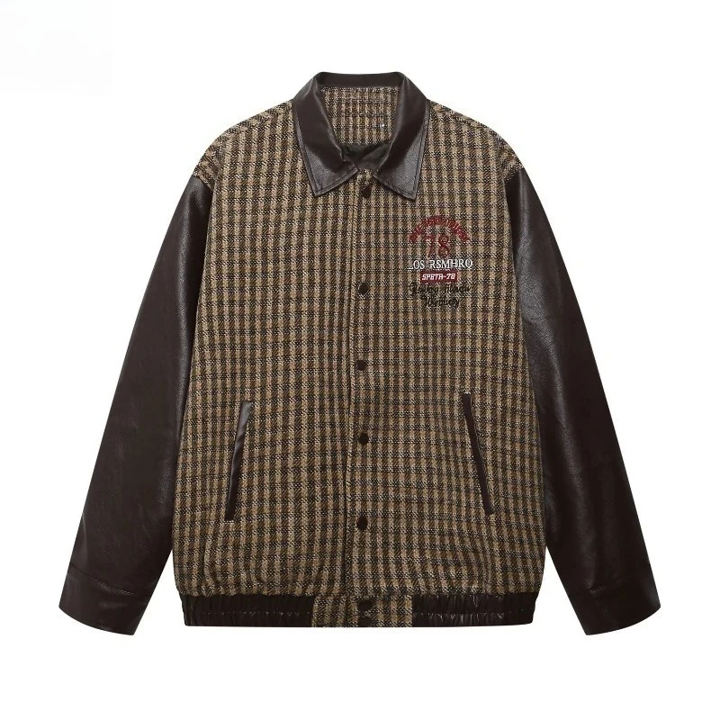 

American Retro Color Block Letter Embroidery Plaid Lapel Jacket Coats Unisex 2025 Fall Winter Loose Trendy