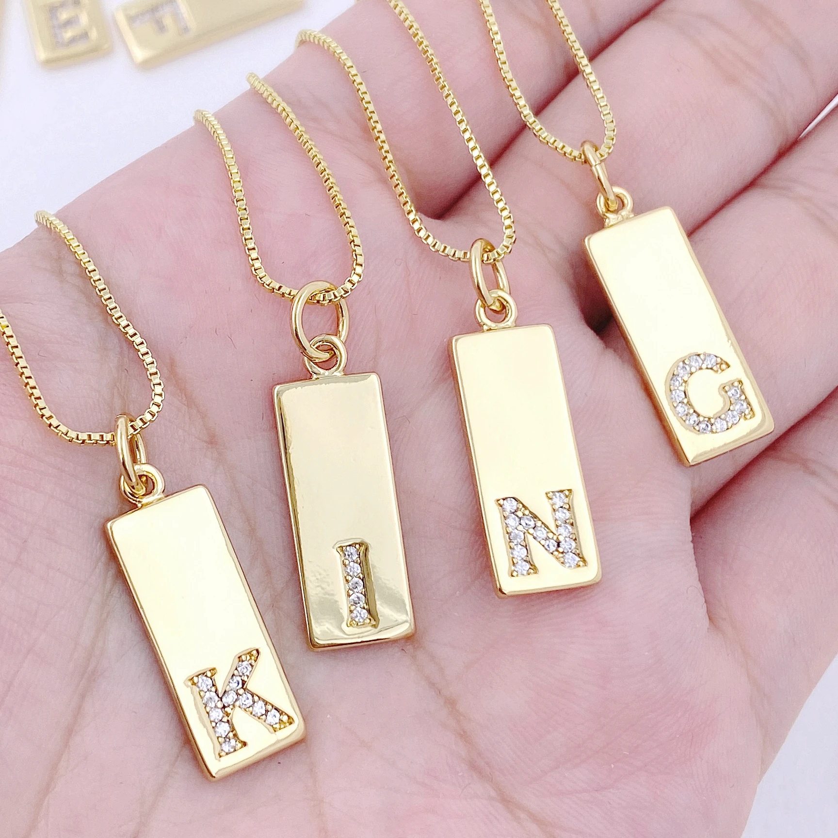 Gold Plated Matel Dog Tags Engraving Alphabet Initial Letter Pendant Necklace Fashion DIY Name Jewelry