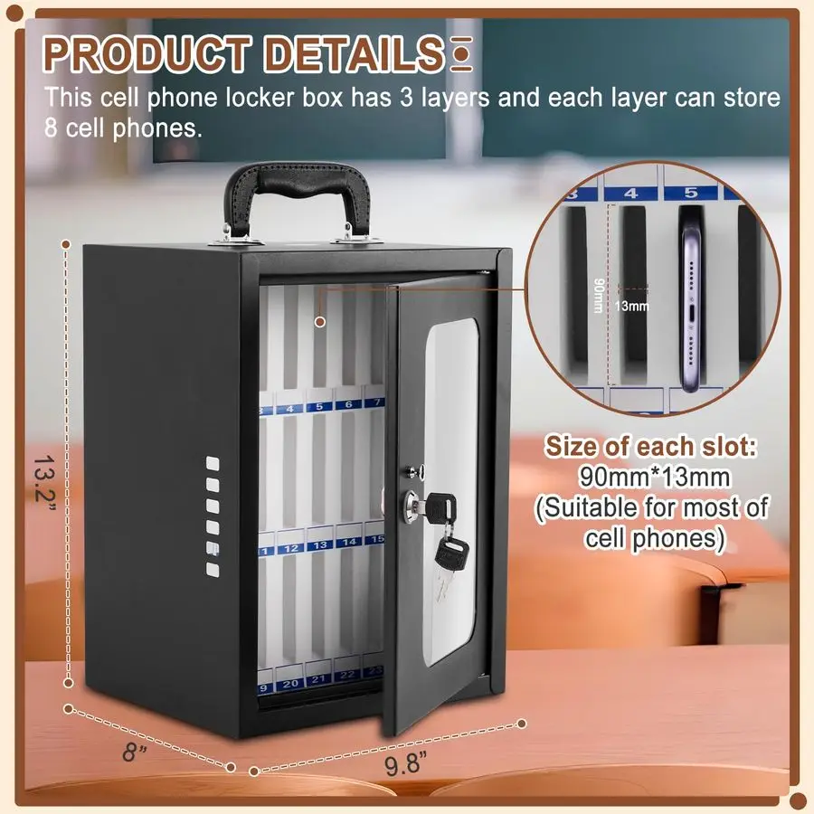 صندوق خزانة الهاتف، خزانة تخزين الهاتف الخليوي الفولاذية السميكة 24 فتحة صندوق قفل الهاتف الخليوي المثبت على الحائط للمدرسة والشركة