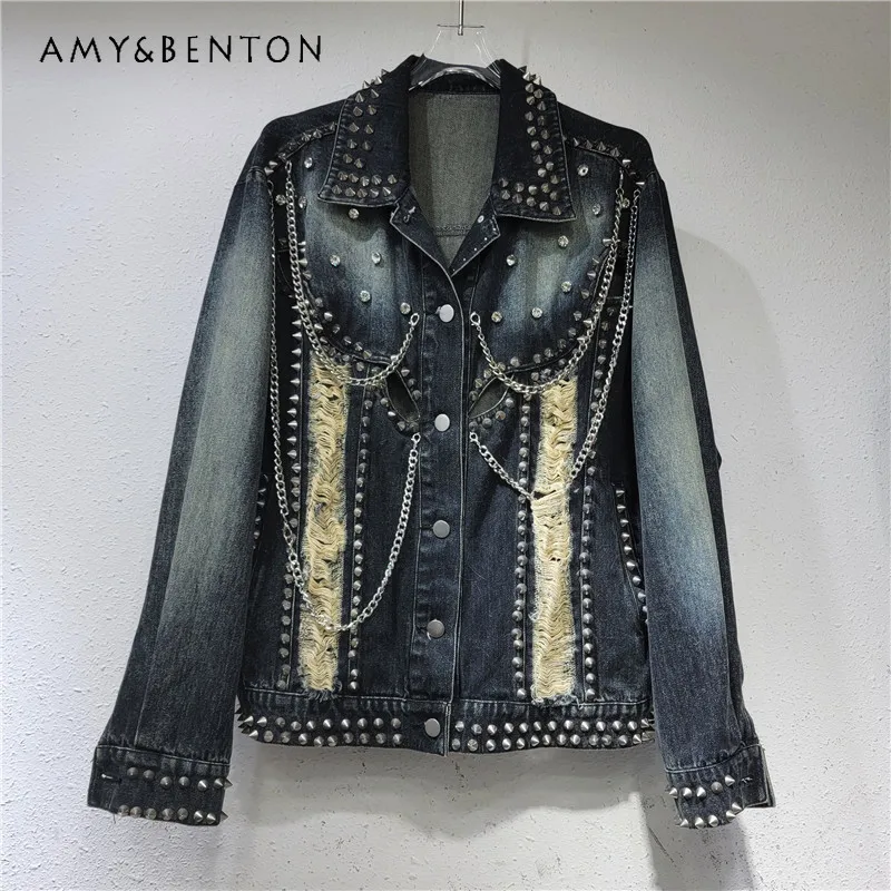 

Heavy Industry Rivet Chain Hollow-out Ripped Denim Coat Women's Trendy 2023 New Loose Slimming Jacket Top Jeans Overcoat Autumn