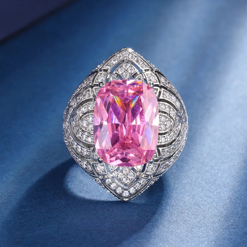 Jewelry set with gold-plated copper base, pink diamond, oblong shape, light luxury, heavy craftsmanship, includes pendant and ri