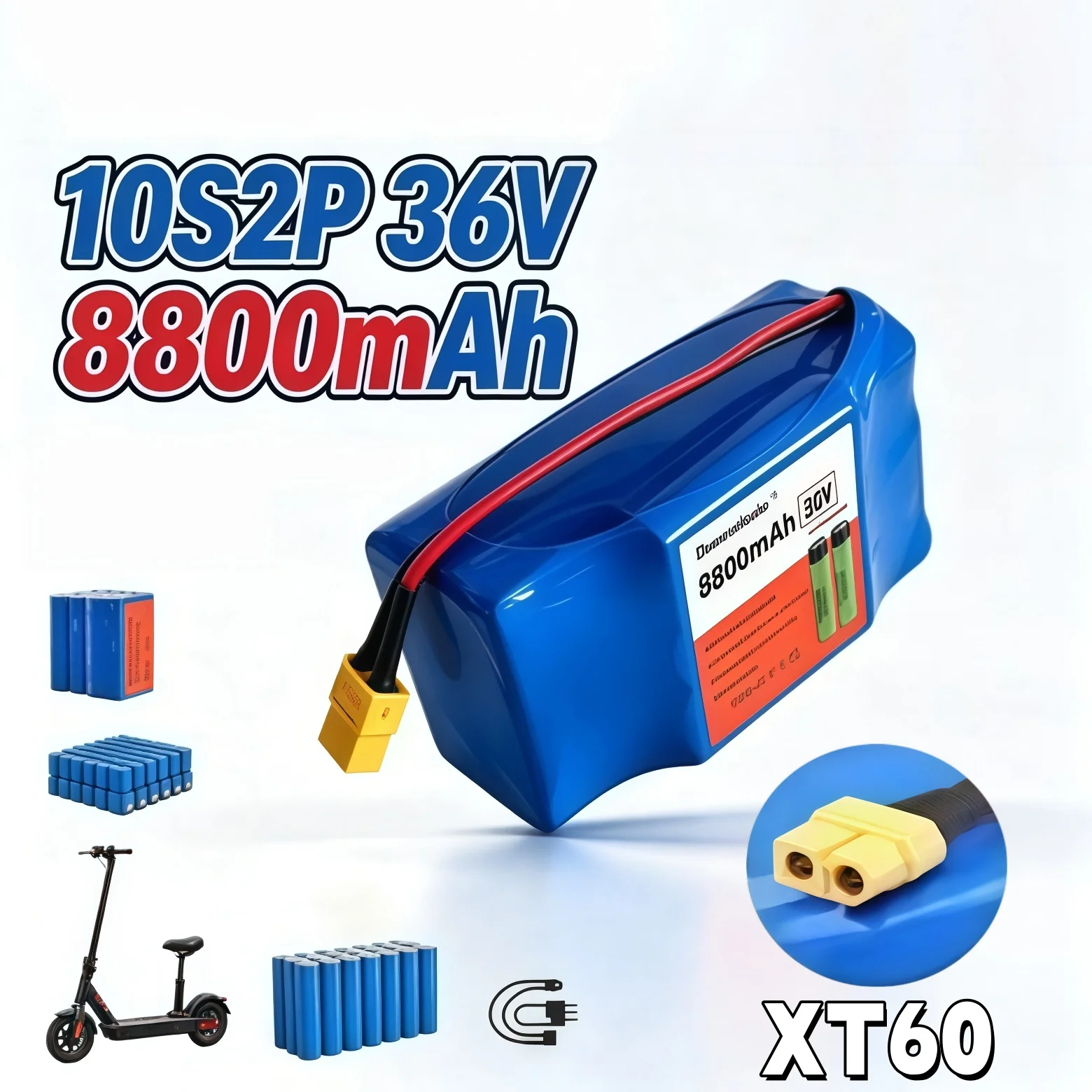Pacco batterie agli ioni di litio 10S2P, 36V, 8800mAh, elevata capacità di accumulo, unità di ricarica sostituibile per e-bike, ideale per spostamenti e ciclismo.