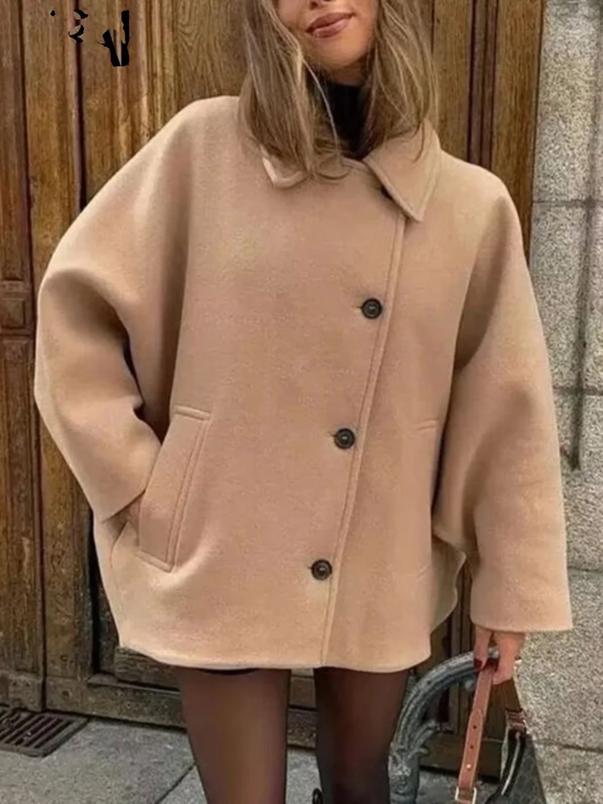 

Свободный крой Street Sle Jaet с отложным воротником и наклонными пуговицами, длинная верхняя одежда средней длины для женщин